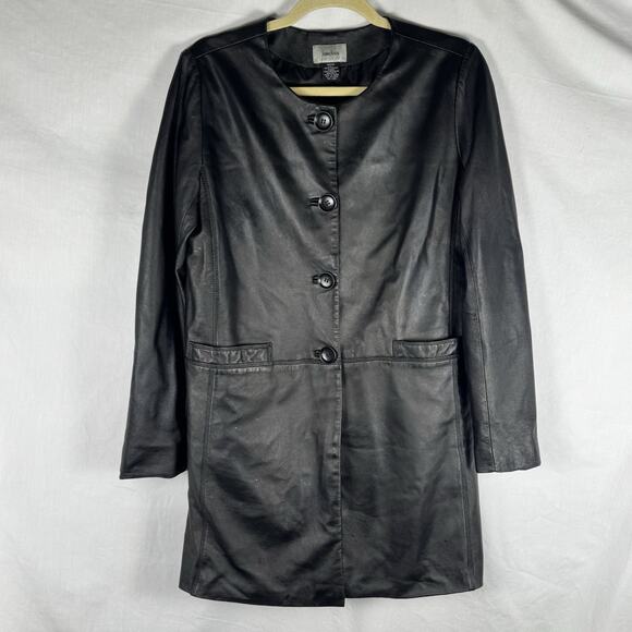 Neiman Marcus Women’s Medium (M) Black Genuine Leather Overcoat Jacket, Classic - Picture 1 of 11
